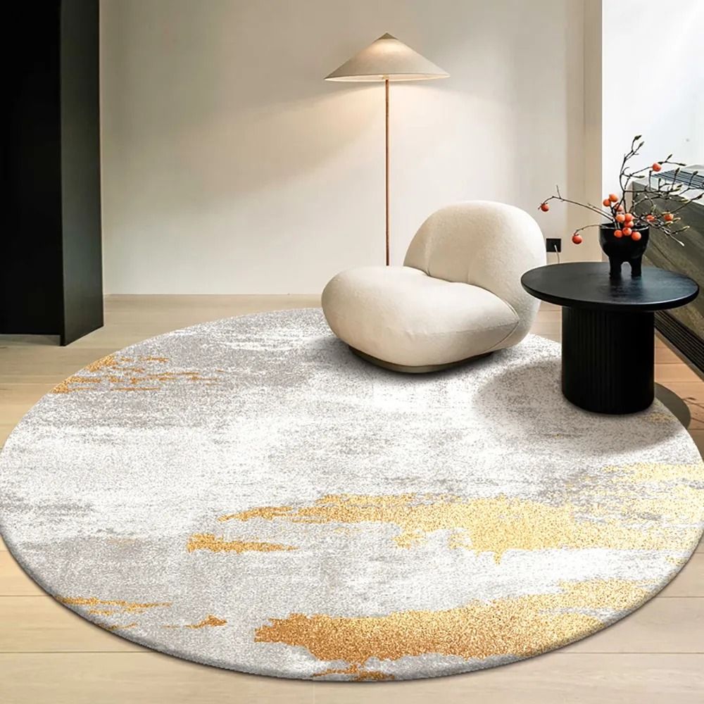Modern Gray and Gold Abstract Round Velvet Indoor Area Rug 4'