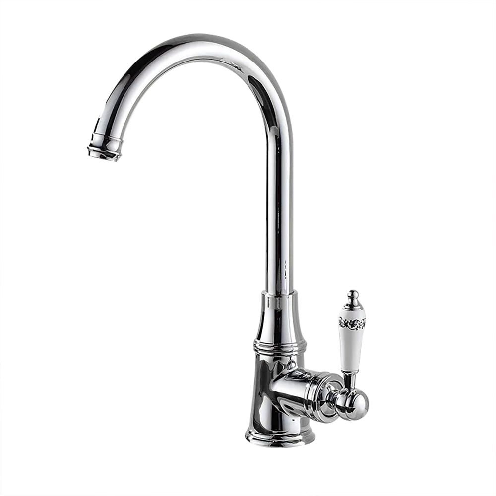 Karon Classic Single Hole Gooseneck White Single Porcelain Handle Kitchen Faucet in Polished