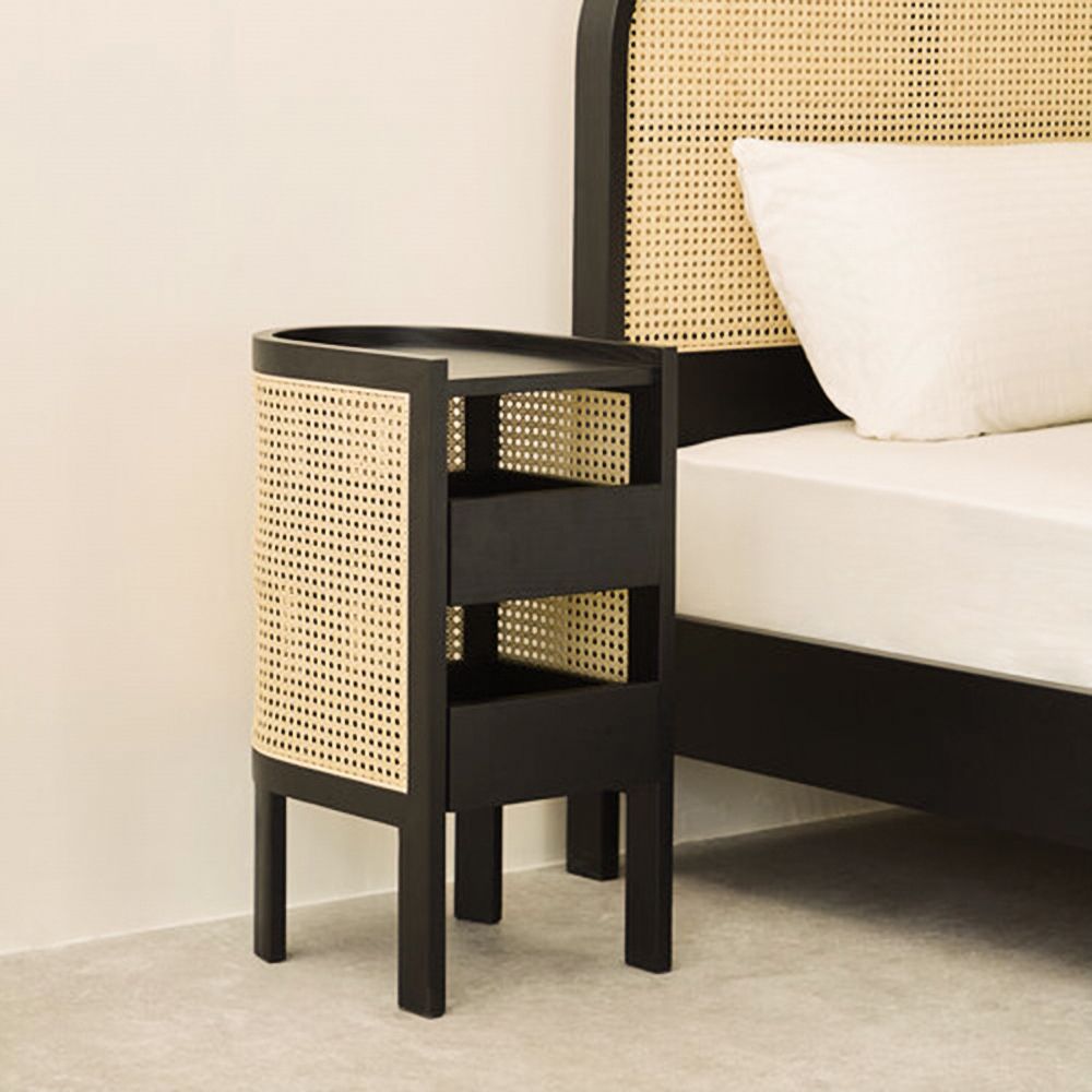 24" Black Nightstand SemiCircle Rattan Bedside Table with 1 Shelf