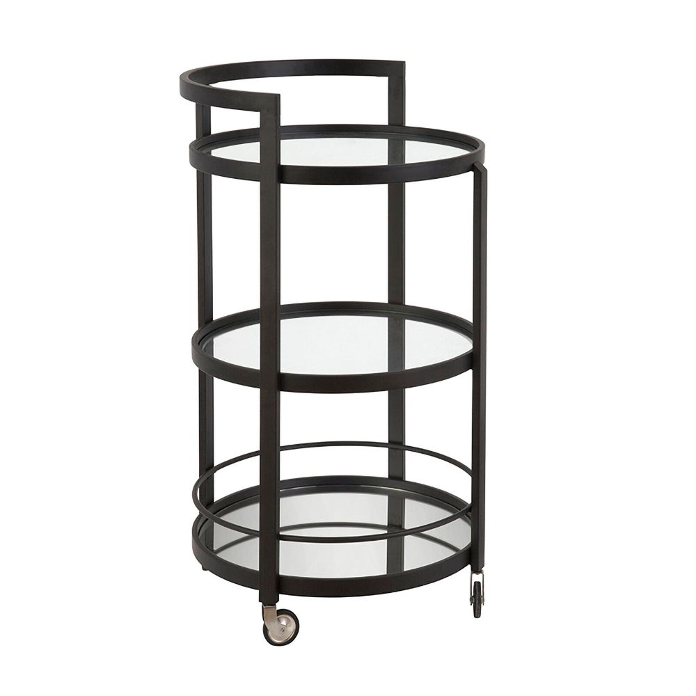 Black Modern Round Bar Cart on Wheels 3 Tiers Glass and Metal
