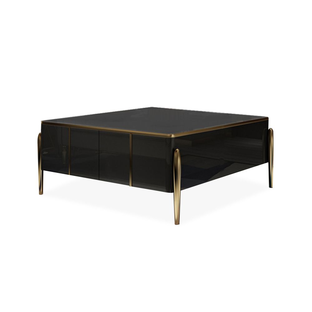 Black Square Coffee Table with 4Drawer Accent Table Tempered Glass Top