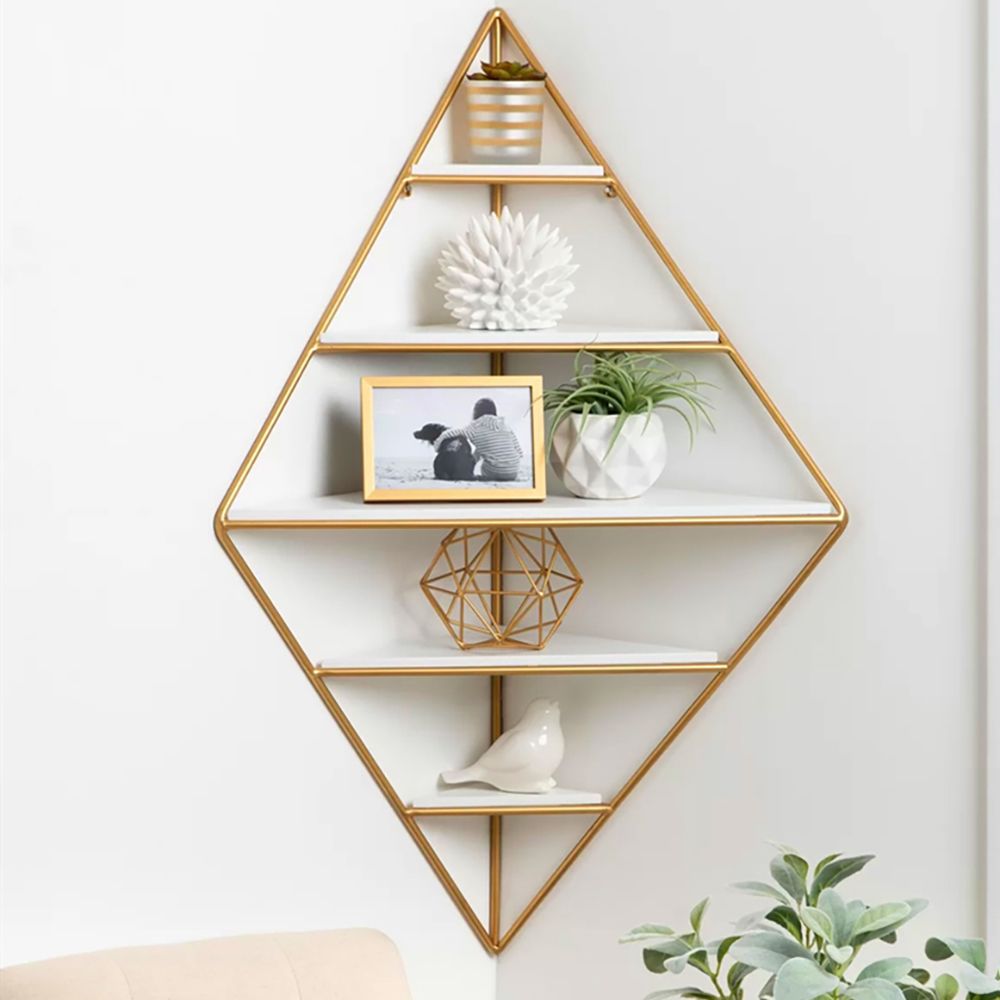 Modern Wall Mounted Corner Floating Shelving in Gold & White