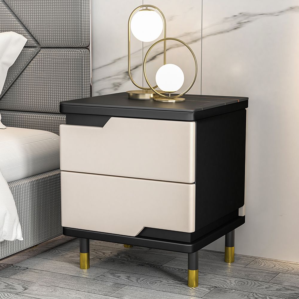 Modern Black Nightstand Stone Top Minimalist with 2 Drawers in Gold