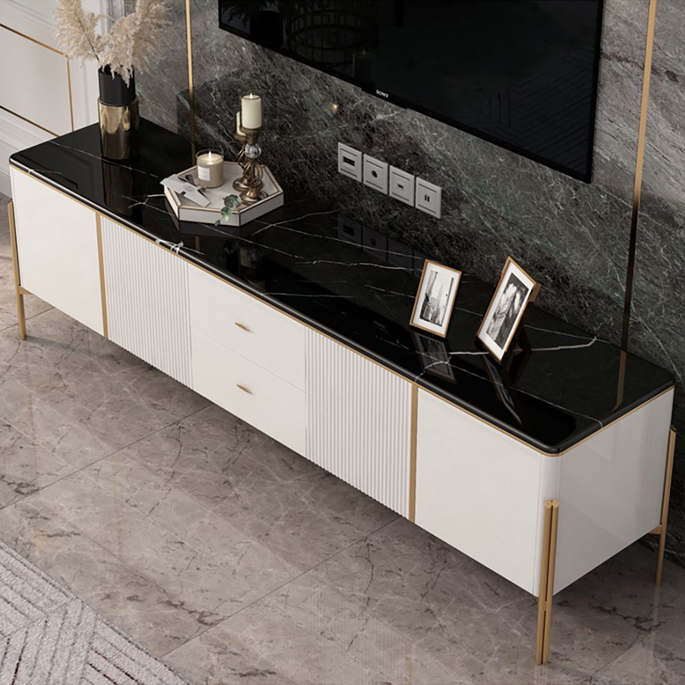 78" Black TV Stand Light Luxury Faux Marble Top with Storage Gold