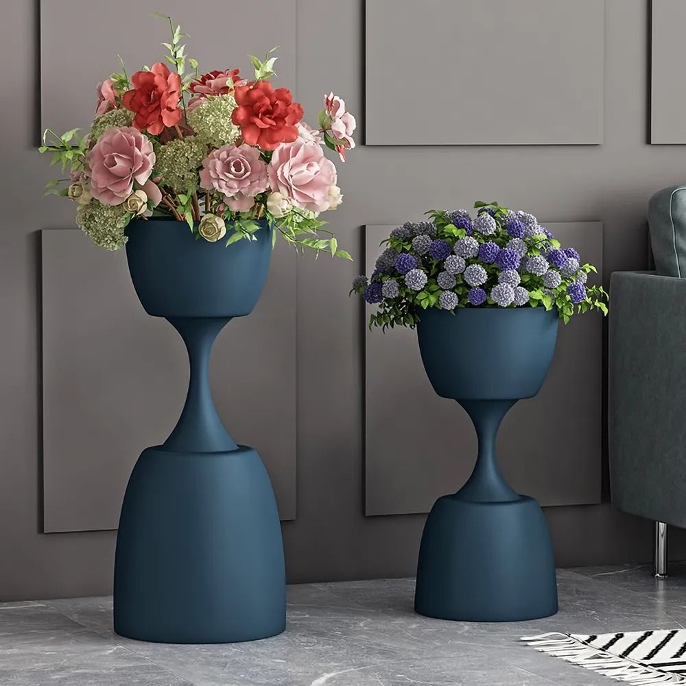 Modern Blue Plant Pots Hourglass Indoor Planter Metal Set of 2