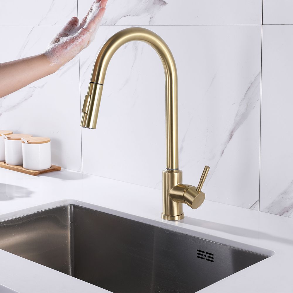 Brushed Gold Touch Kitchen Faucet Stainless Steel Pull Out Spray Single