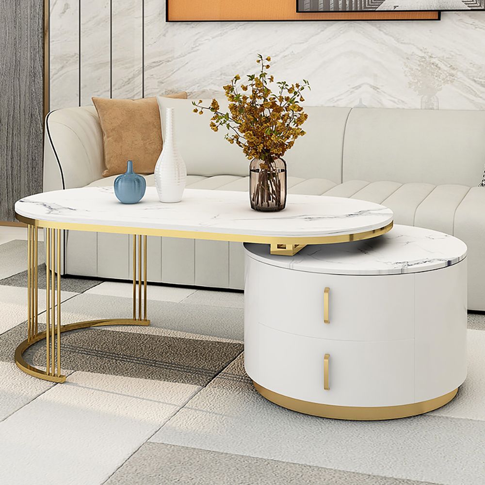 White Oval Coffee Table with Storage Marble Top & Metal Base