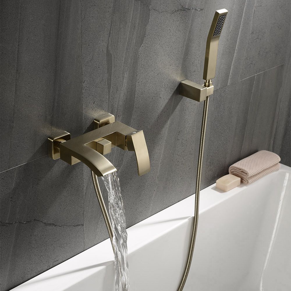 Grifo de Bañera de Cascada Montado en pared con Ducha de Mano Oro Cepillado