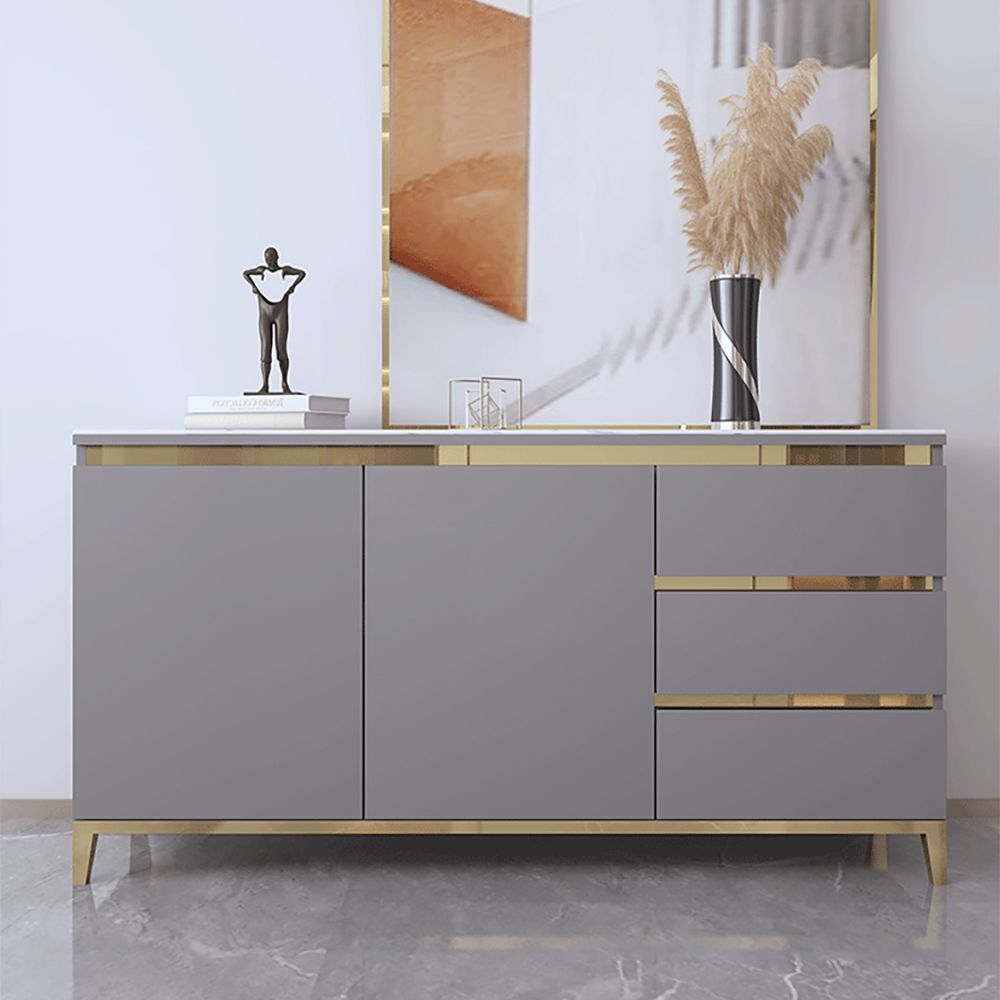 Modern Gray Sideboard Stone Top Buffet with Storage Gold Finish in Small