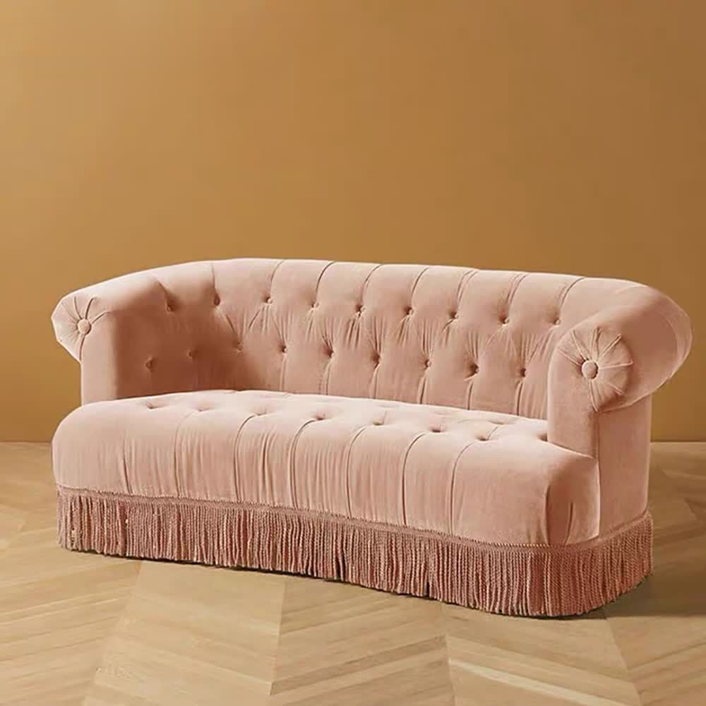 Retro Tassels Chesterfield Sofa Velvet Upholstered Sofa 82.7"Pink