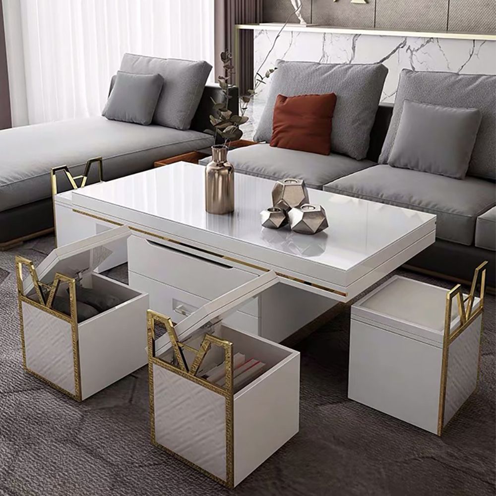 White Modern Lift Top Coffee Table Set with Storage & Stools Extendable ...