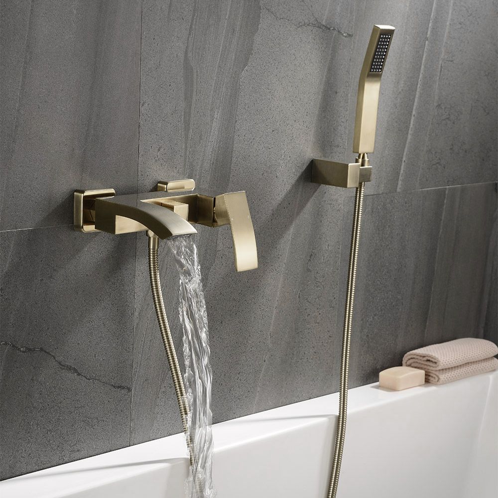 Grifo de Bañera de Cascada Montado en pared con Ducha de Mano Oro Cepillado