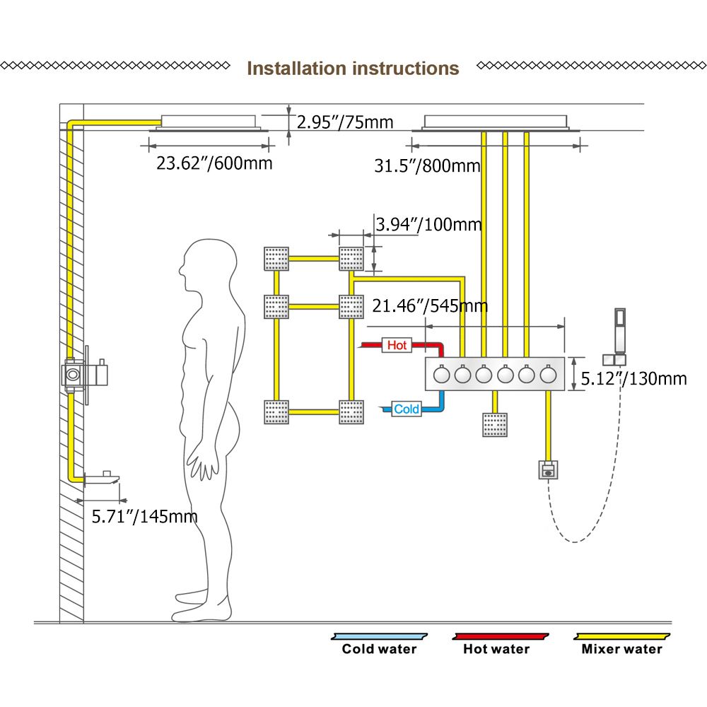WallMounted 800mm Shower Sets in Black Rainfall 5 Functions