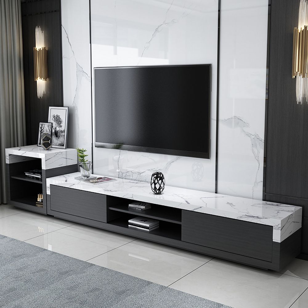 78" White TV Stand Faux Marble Top Media Console with 2 Drawers & 1 Shelf