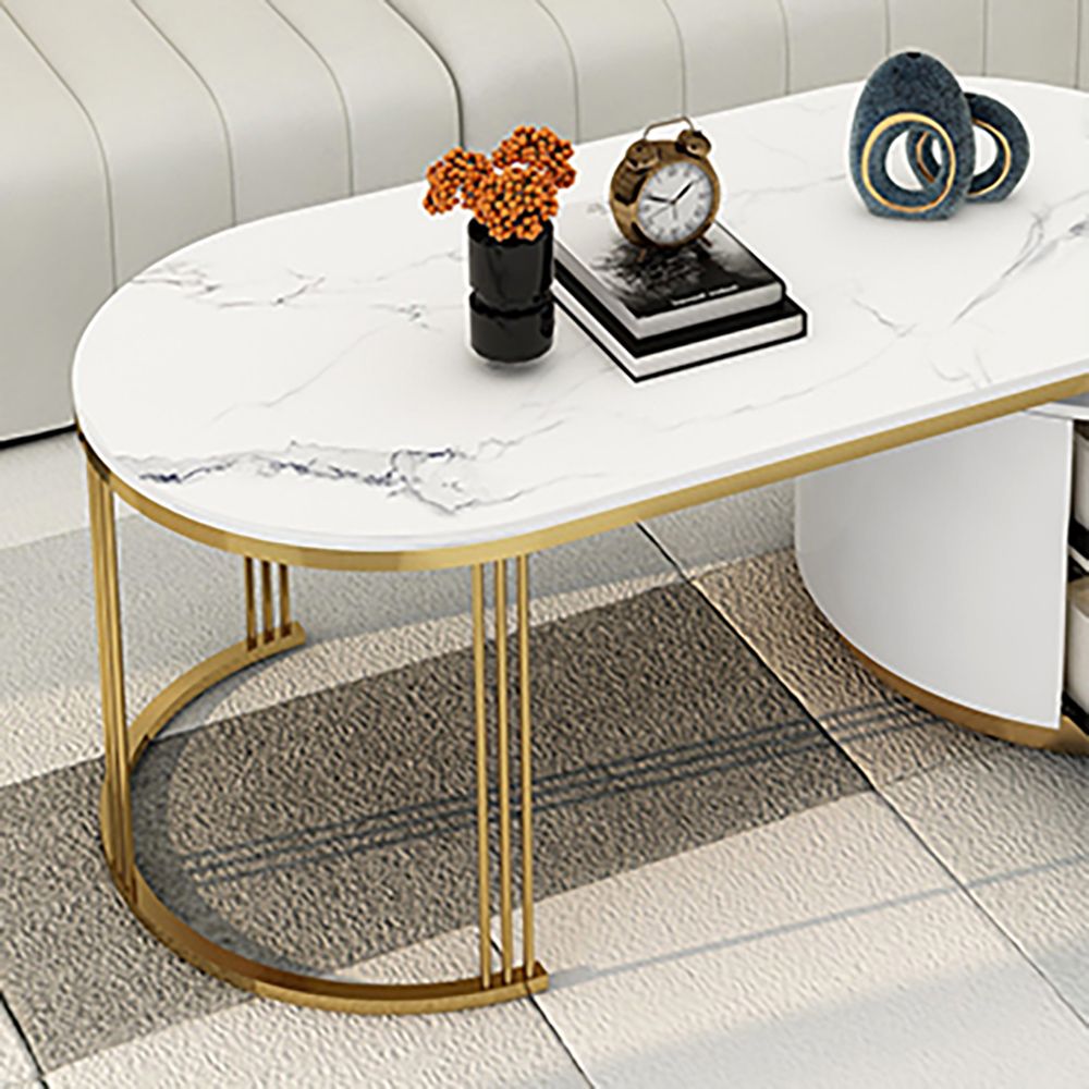 White Oval Coffee Table with Storage Marble Top & Metal Base