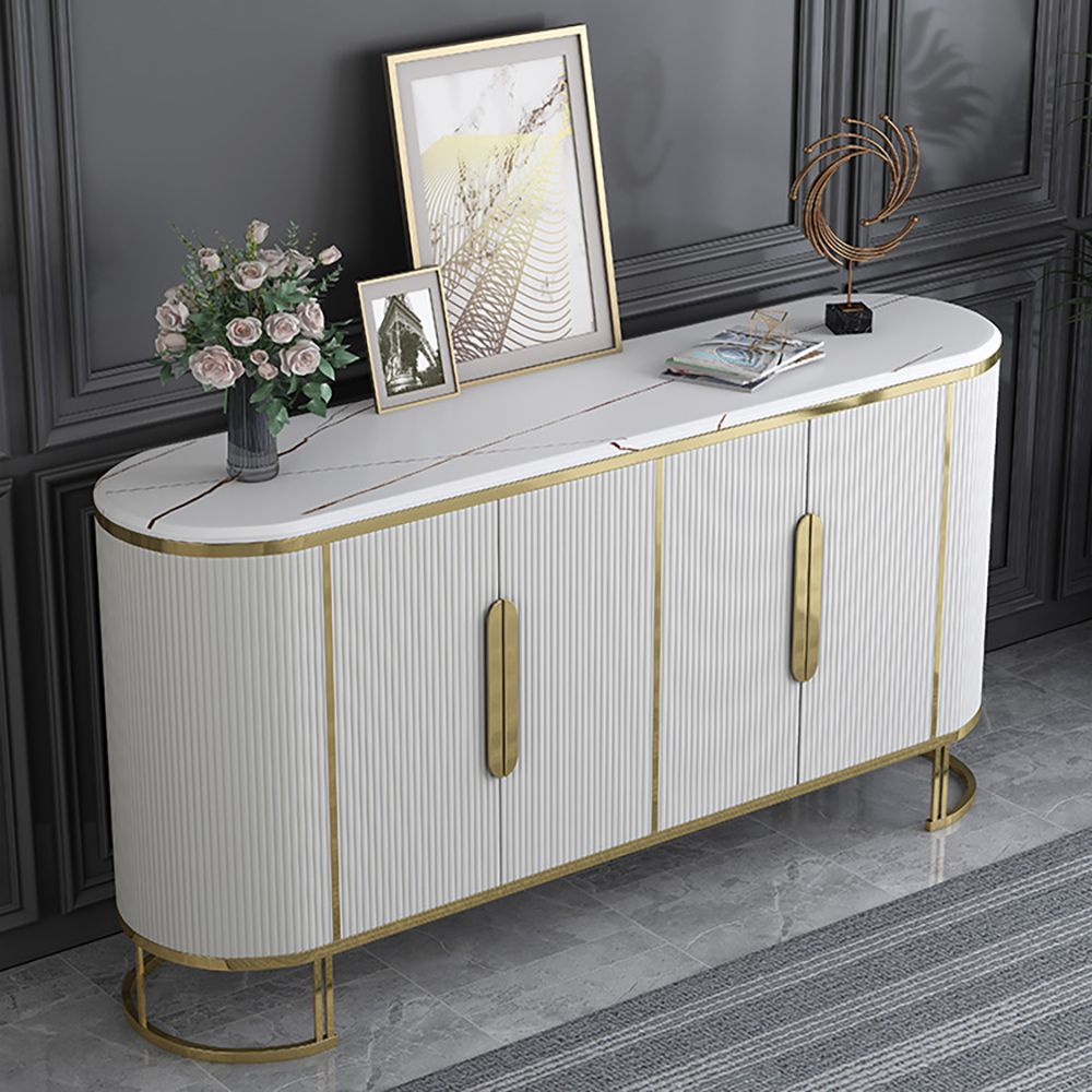 Modern White Sideboard Oval Faux Marble Top Buffet with Shelves Doors ...