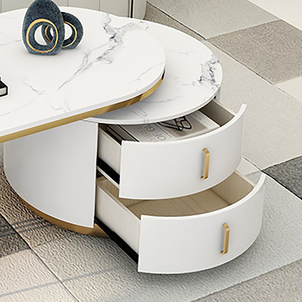 White Oval Coffee Table with Storage Marble Top & Metal Base