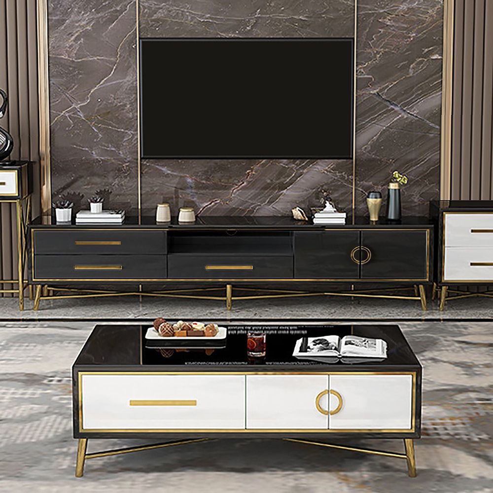 Modern Black TV Stand Tempered Glass Top 3-Drawer 2-Door Media Console