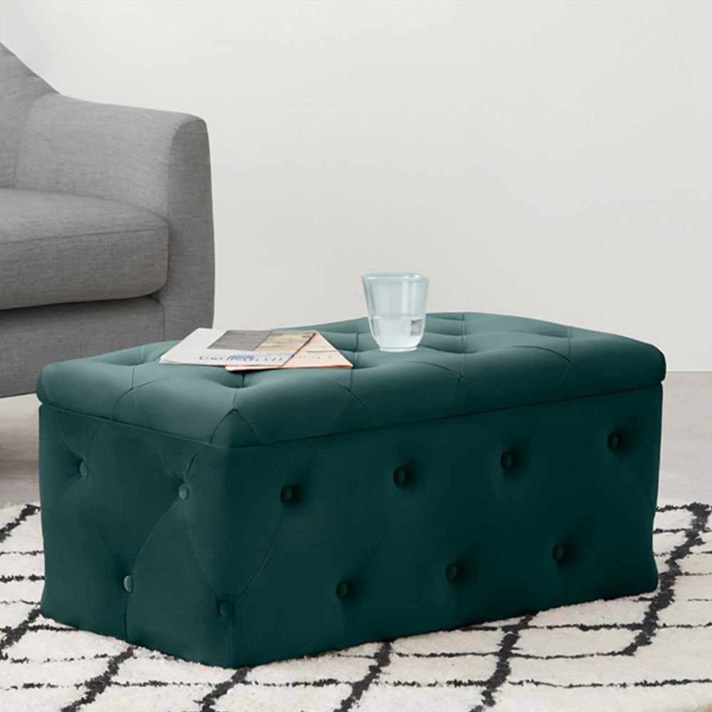 Green Tufted Ottoman Stool Velvet Upholstered Ottoman Storage Bench
