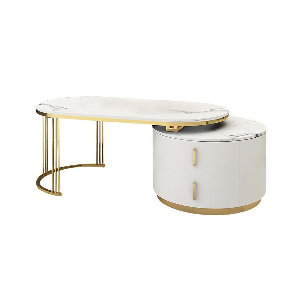 White Oval Coffee Table with Storage Marble Top & Metal Base