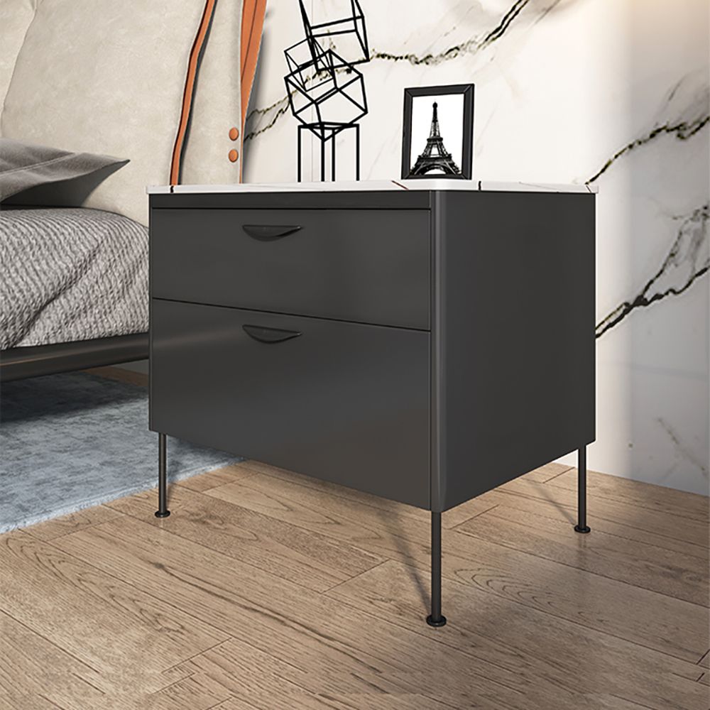 Modern Gray Nightstand Luxury Stone Top 2Drawer Lacquered Bedside Table