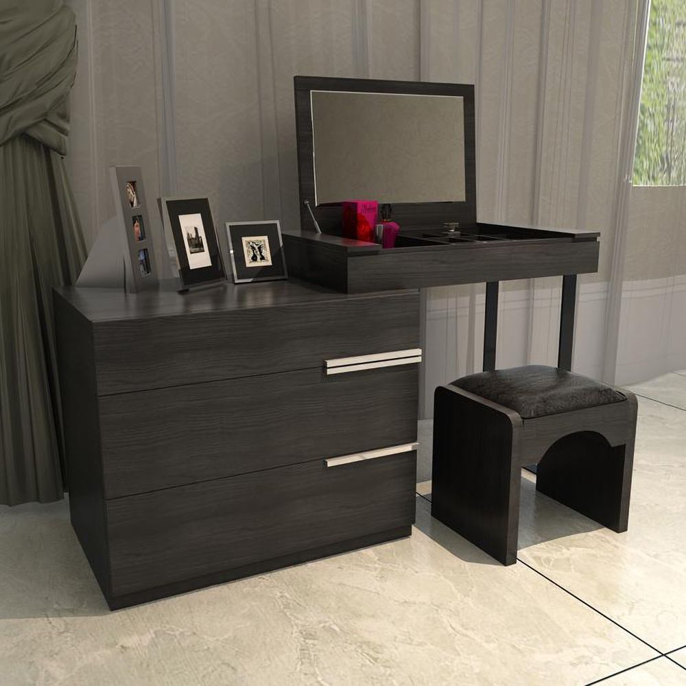 Contemporary Black Makeup Vanity Set Retracted and Extendable with Flip