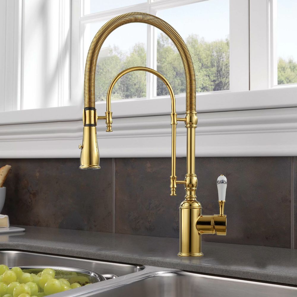 High Arc Dual Mode Pull Down Kitchen Faucet Solid Brass With Porcelain Handle