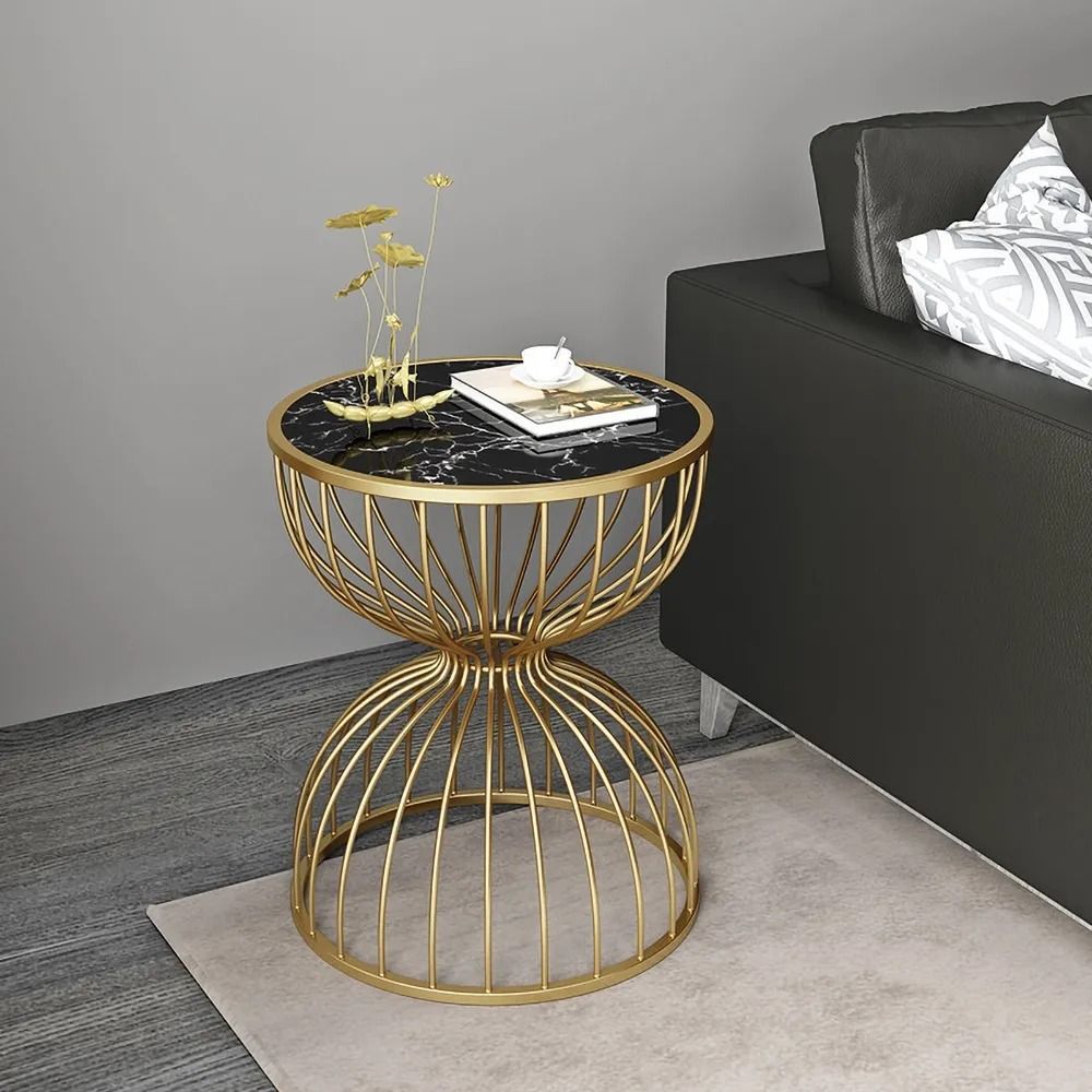 Black End Table Marble Top Side Table Metal in Gold