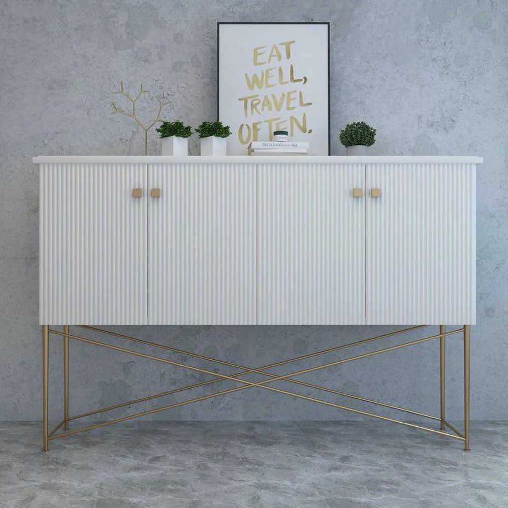 White Bar Accent Tall with Storage 4 Doors Gold Legs
