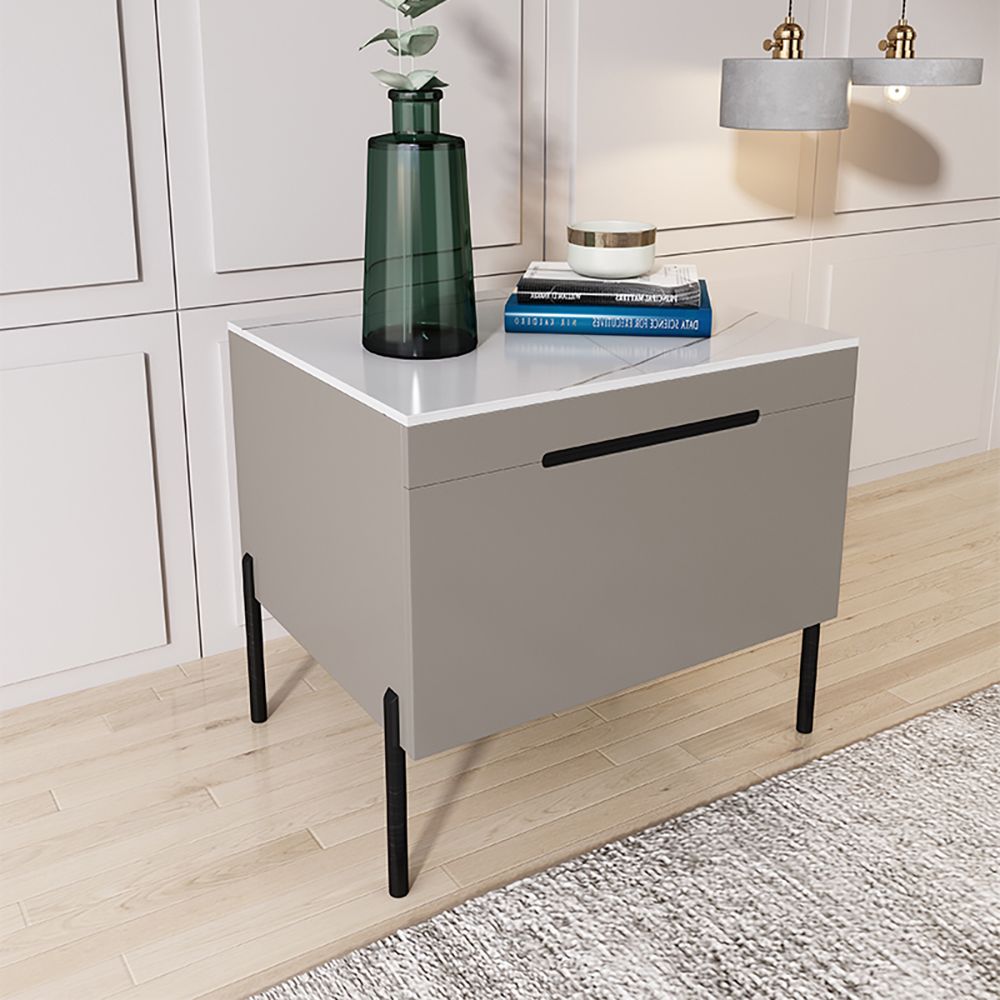 Modern Gray Nightstand Luxury Stone Top Lacquered 1Drawer Bedside Table
