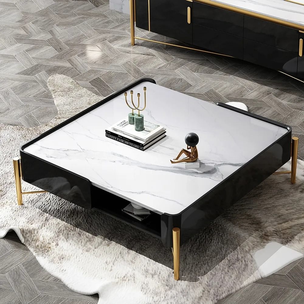 White and Black Faux Marble Square Coffee Table with Storage Gold Legs