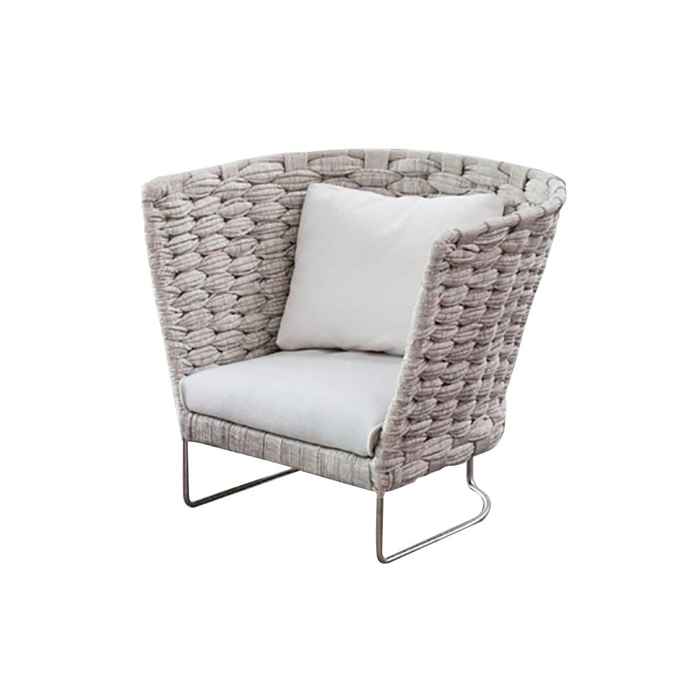 Rope Woven Patio Armchair Barrel Chair with Cushion Back-Grey