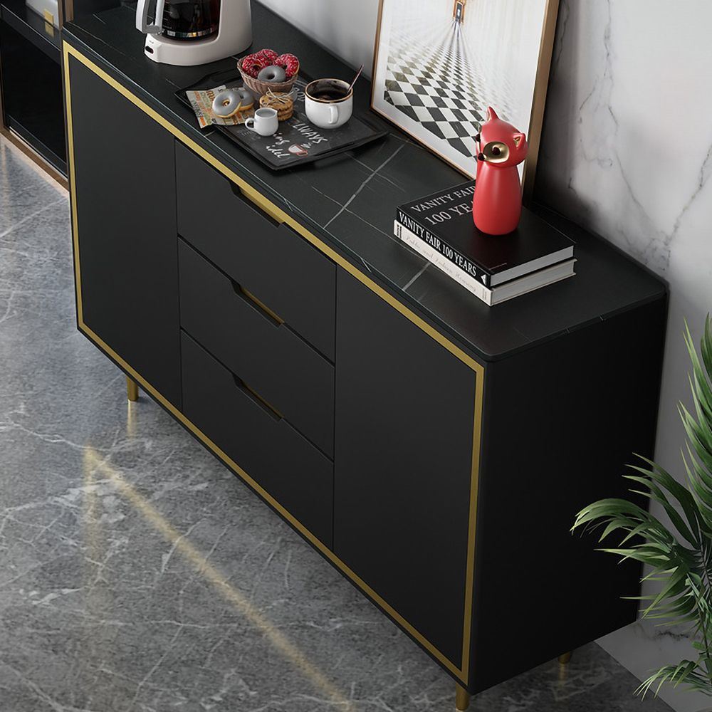 59" Black Sideboard Buffet Stone Top with Doors & Drawers & Shelves in