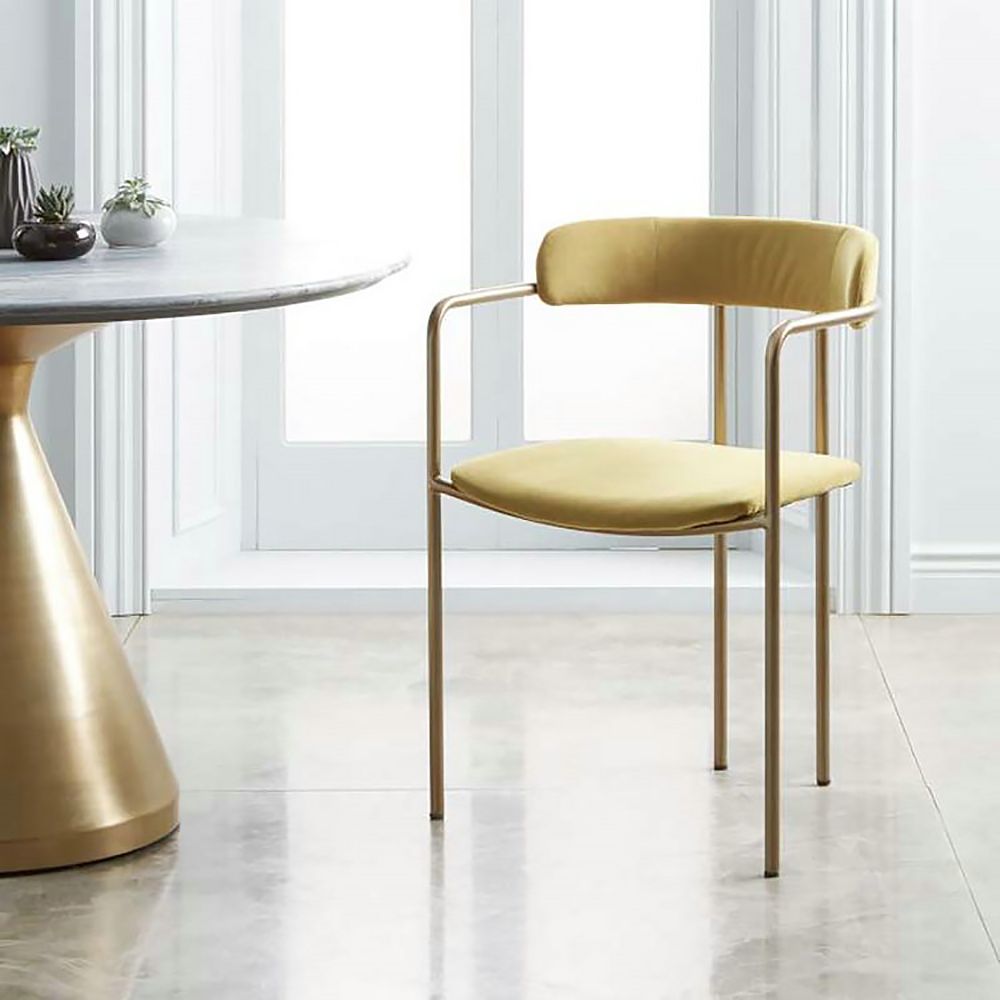 Yellow Dining Chair Metal Velvet Upholstered Dining Chair in Gold