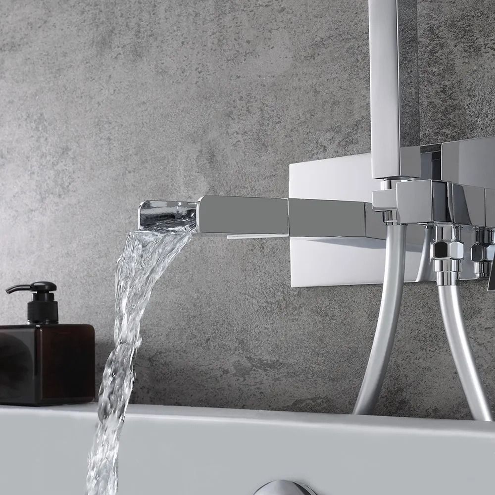 Mero Modern Waterfall WallMount Tub Filler Faucet & Handshower Polished Chrome Solid Brass