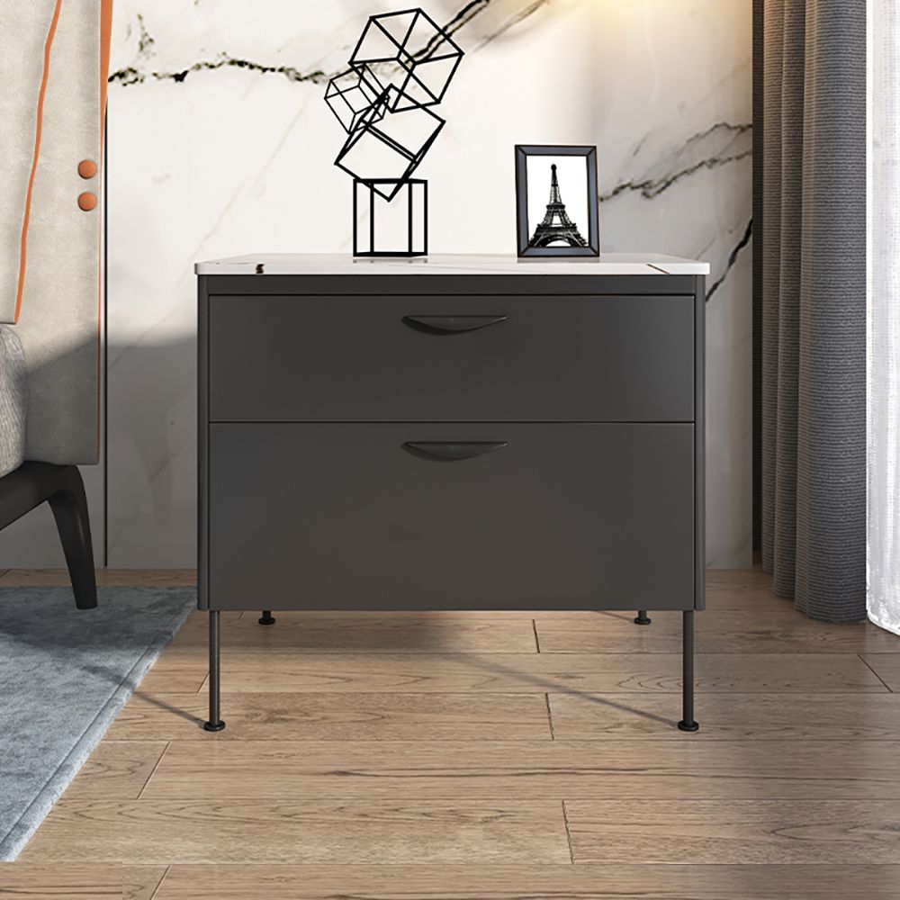 Modern Gray Nightstand Luxury Stone Top 2Drawer Lacquered Bedside Table