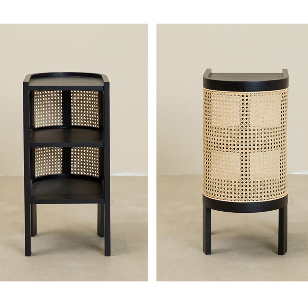 Black Side Table with Storage Rattan End Table 3Tiers