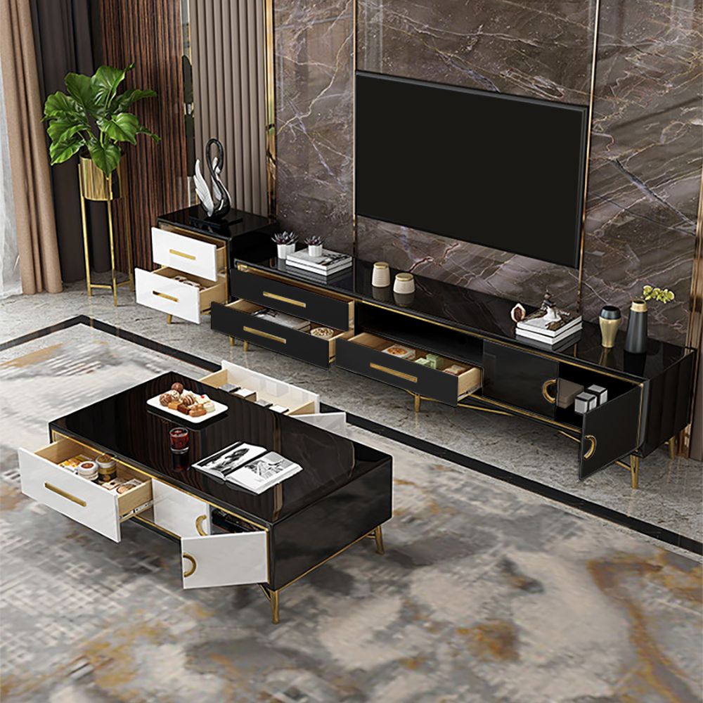 Modern Black TV Stand Tempered Glass Top 3-Drawer 2-Door Media Console ...