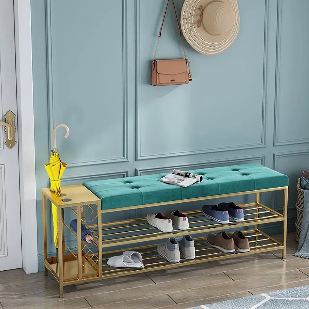 Entryway Foyer Shoe Storage Bench with Umbrella Stand Green Velvet