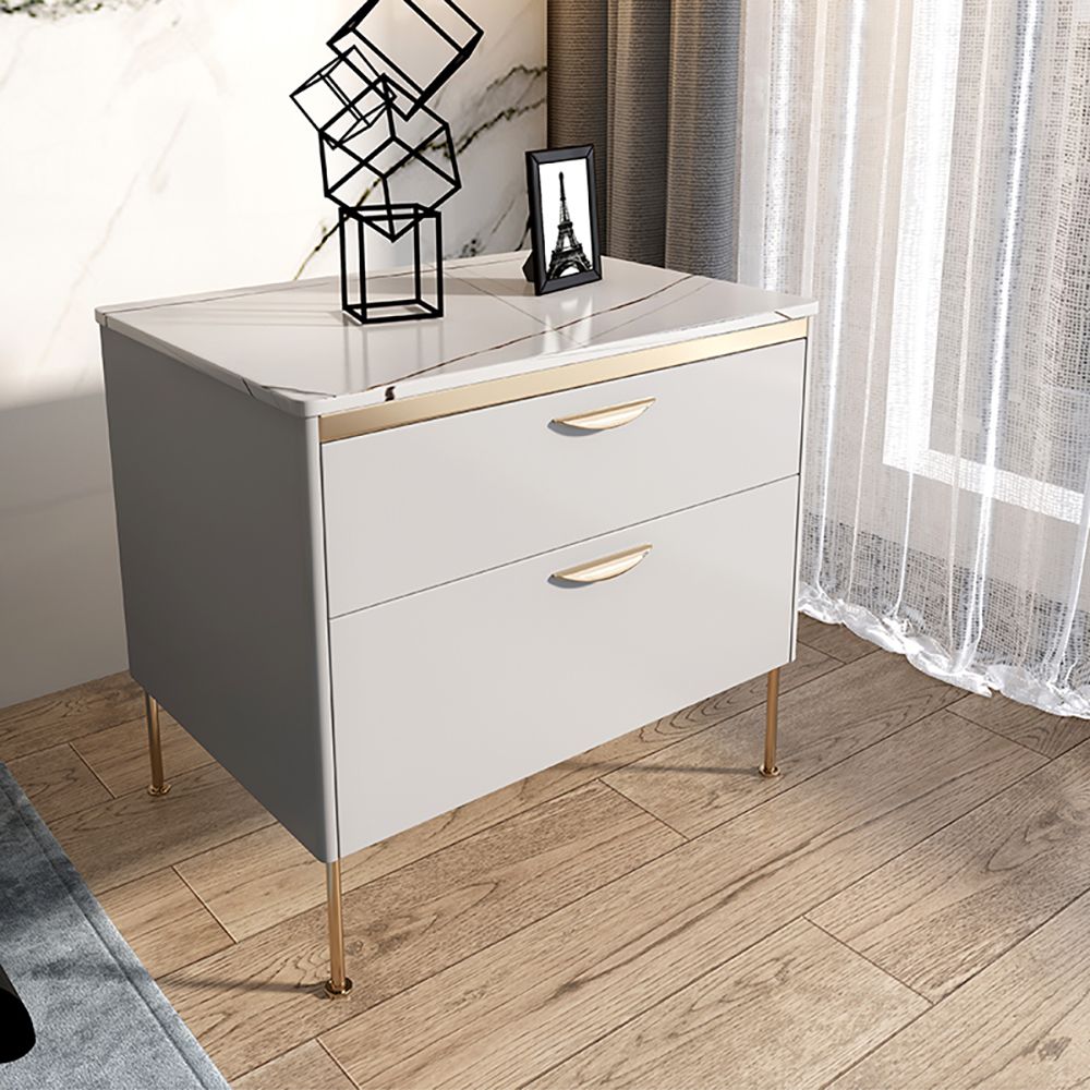 Modern White Nightstand Luxury Stone Top 2Drawer Lacquered Bedside Table