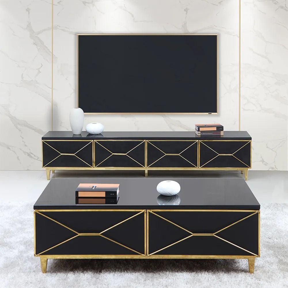 Black Modern Rectangular Coffee Table with Drawers Glass Top