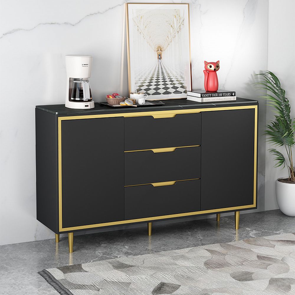 59" Black Sideboard Buffet Stone Top with Doors & Drawers & Shelves in