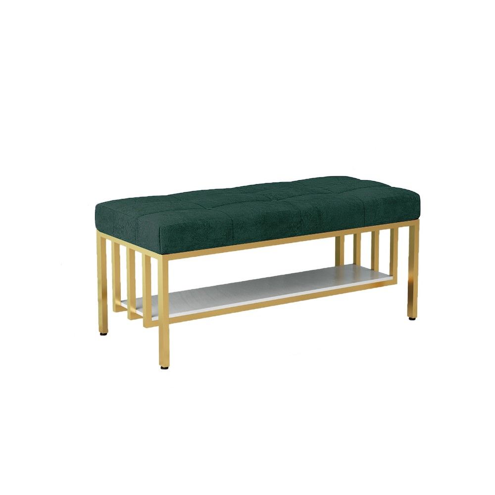 Green Storage Entryway Bench Upholstered Velvet Modern Bench with Shelf