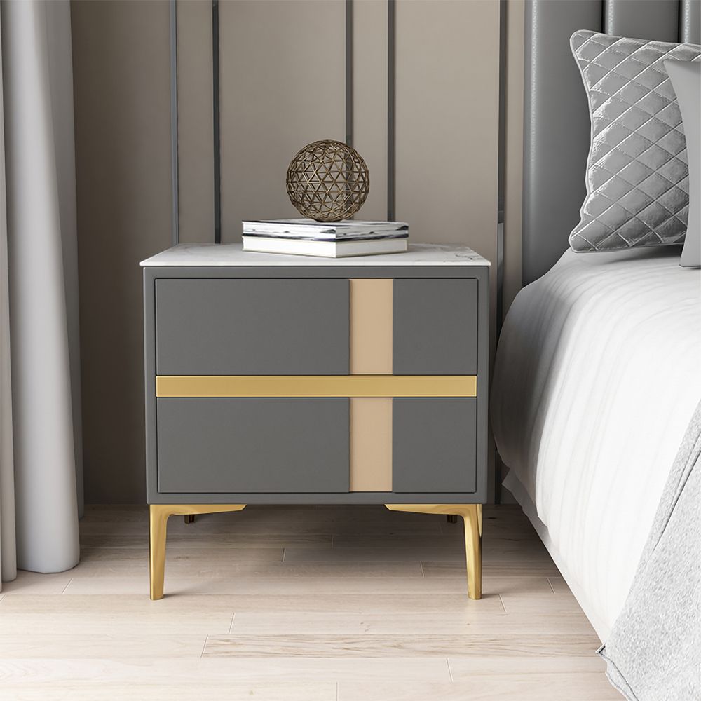 Deep Gray Bedroom Nightstand with 2Drawer Modern Bedside Table Stone Top