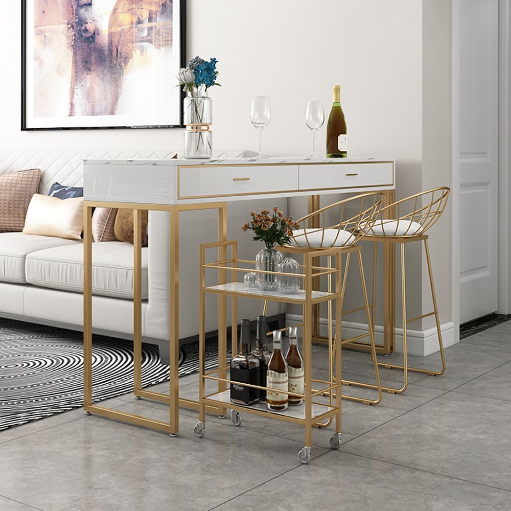 White Bar Table Gold Kitchen Pub Table Counter Height Table with Bar Cart