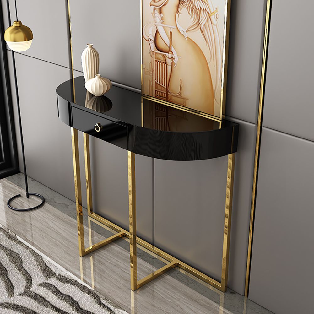 39" Black Small Demilune Console Table with Storage 1 Drawer Gold