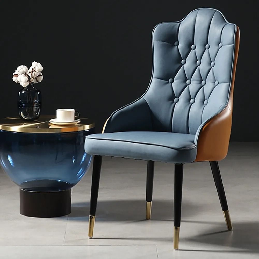 Modern Blue Tufted Dining Chair High Back Upholstered PU Leather Chair