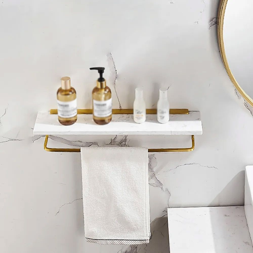 600mm White Bathroom Floating Shelf with Marble Towel Rack