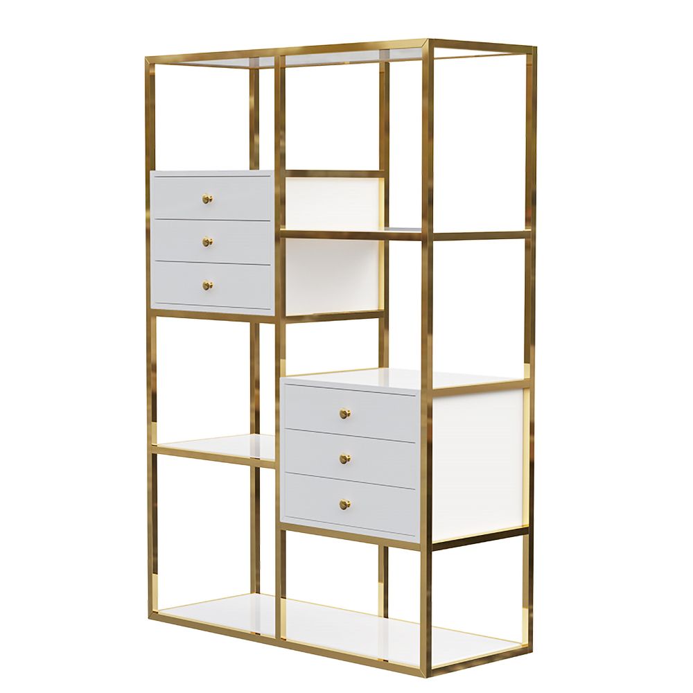 White and Gold Geometric Bookcase 6 Shelves & 6 Drawers Bookshelf