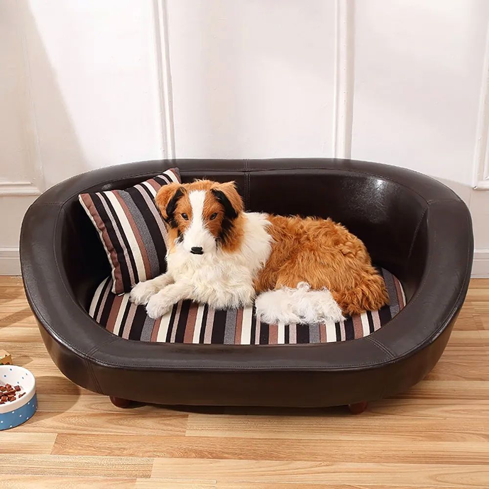 28.7" Brown PU Leather Dog Bed Rectangular Velvet Cushioned Pad